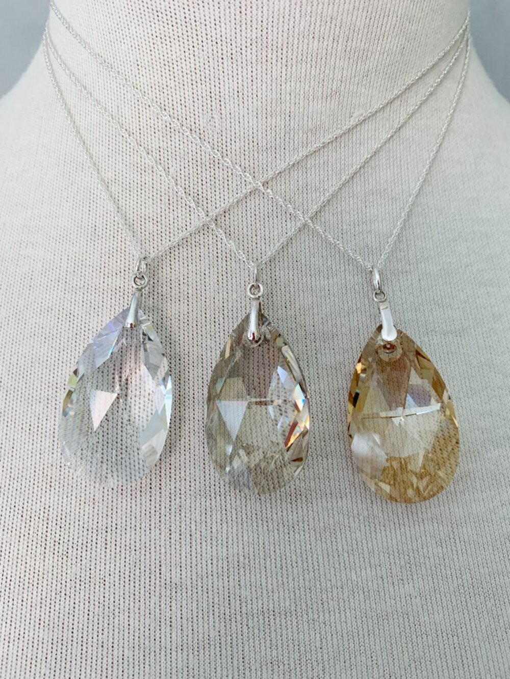 Lot of 3 Swarovski Crystal Teardrop Pendants, Sterling Silver Chain